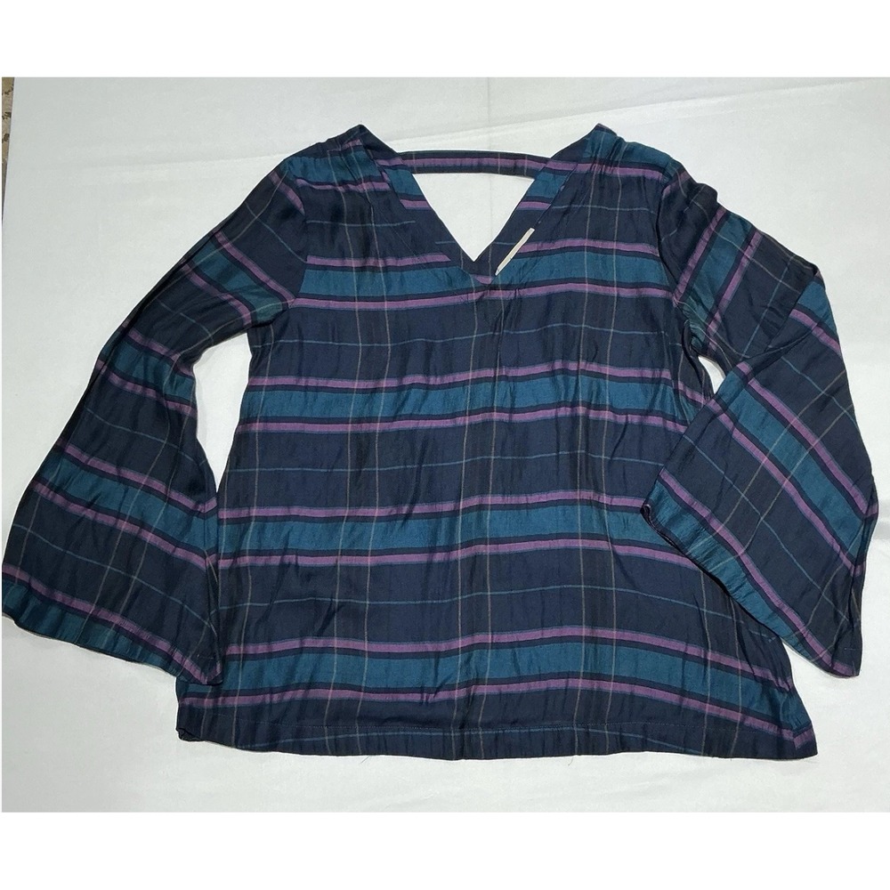 Loft Blouse Womens Medium Blue Plaid Bell Sleeve